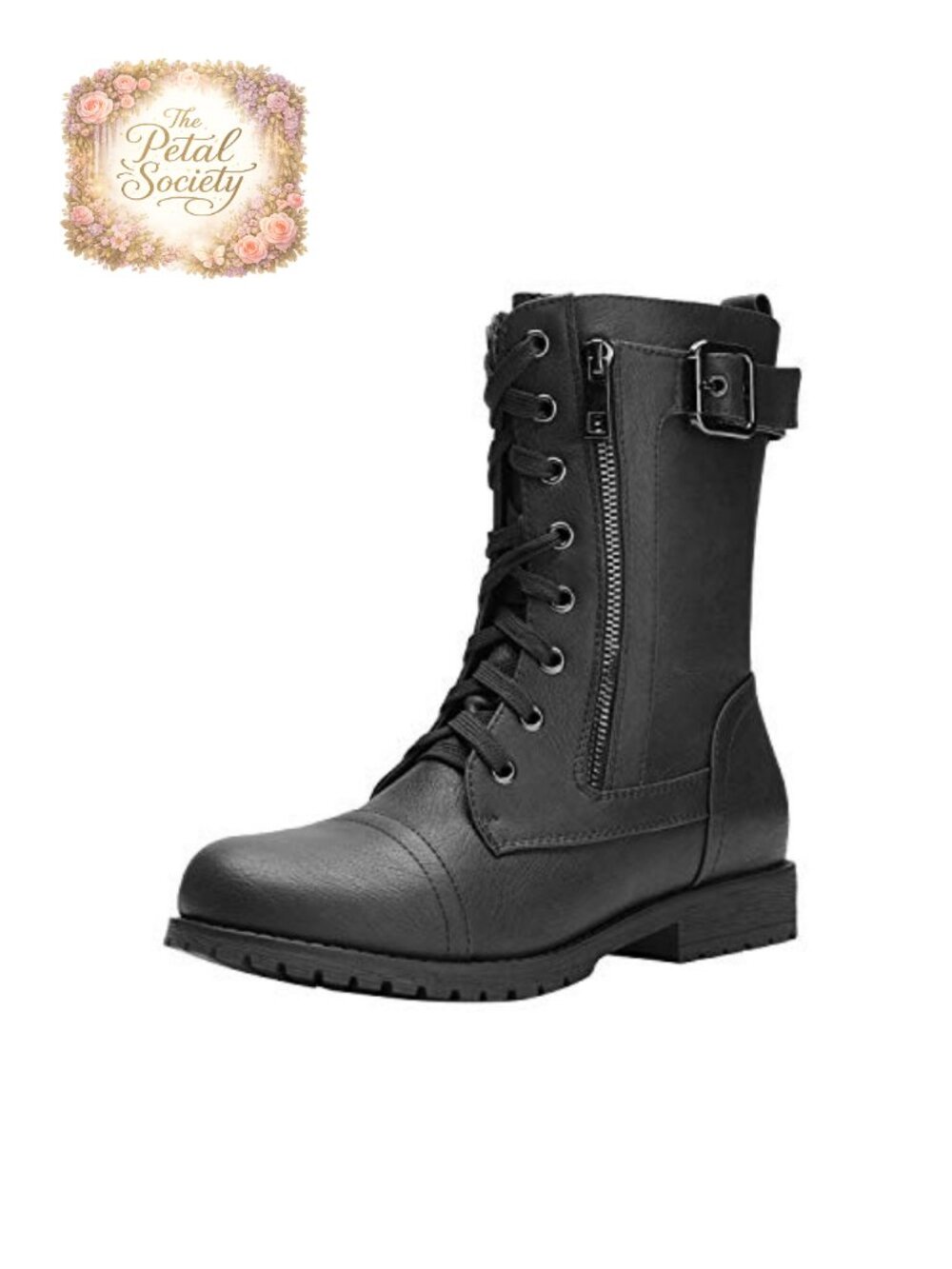 Women's Mid-Calf Combat Boots Lace-Up Side Zip Faux Leather